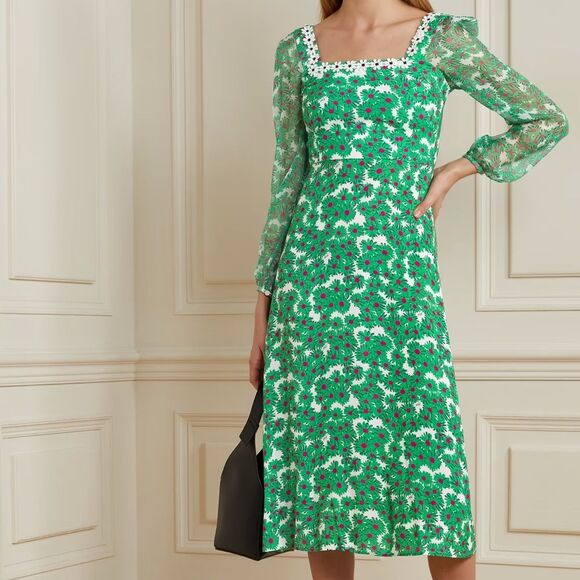 HVN Matilda Appliqued Floral Print Voile Silk Chiffon Midi Dress Green Size 6 - Picture 1 of 14